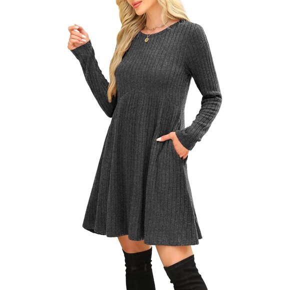 Ofeefan Women Grey Crew Neck Long Sleeve Empire Waist Dress with Pockets - Picture 4 of 5